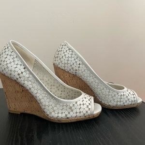 Dune London white floral wedges